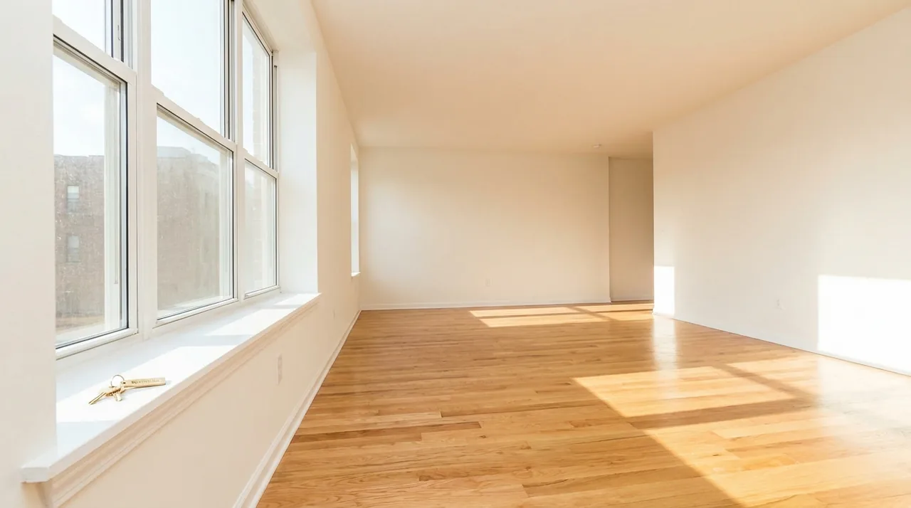 A clean, empty, sunlit rental apartment living room with hardwood floors and a set of keys resting on the window sill, ready for a new tenant to move in