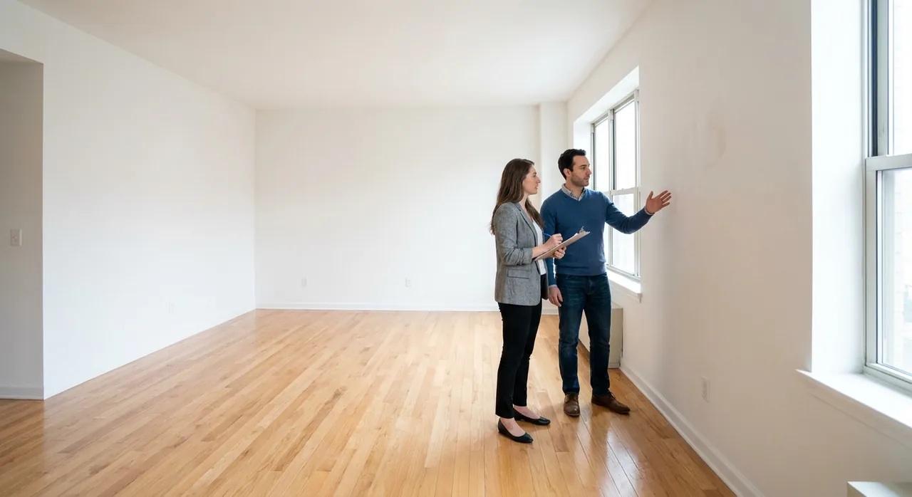 A landlord and a tenant calmly walking through an empty rental apartment together, looking at a wall during a move-out walkthrough