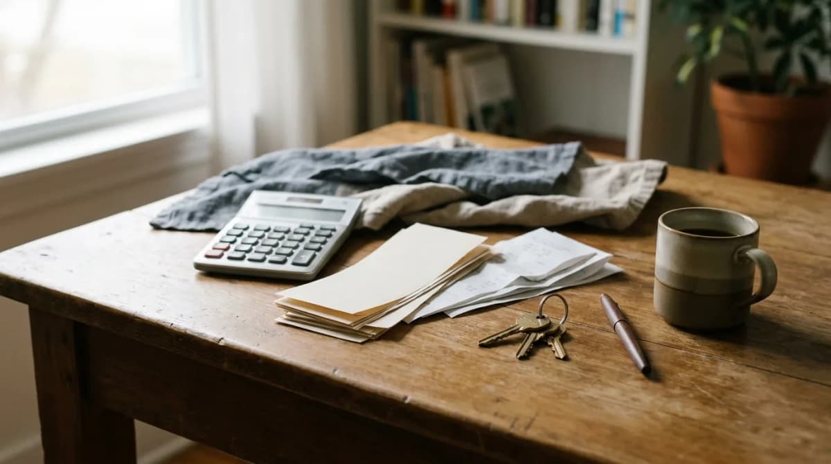 A landlord's desk with a calculator, paper receipts, and apartment keys, set up to tally security deposit deductions