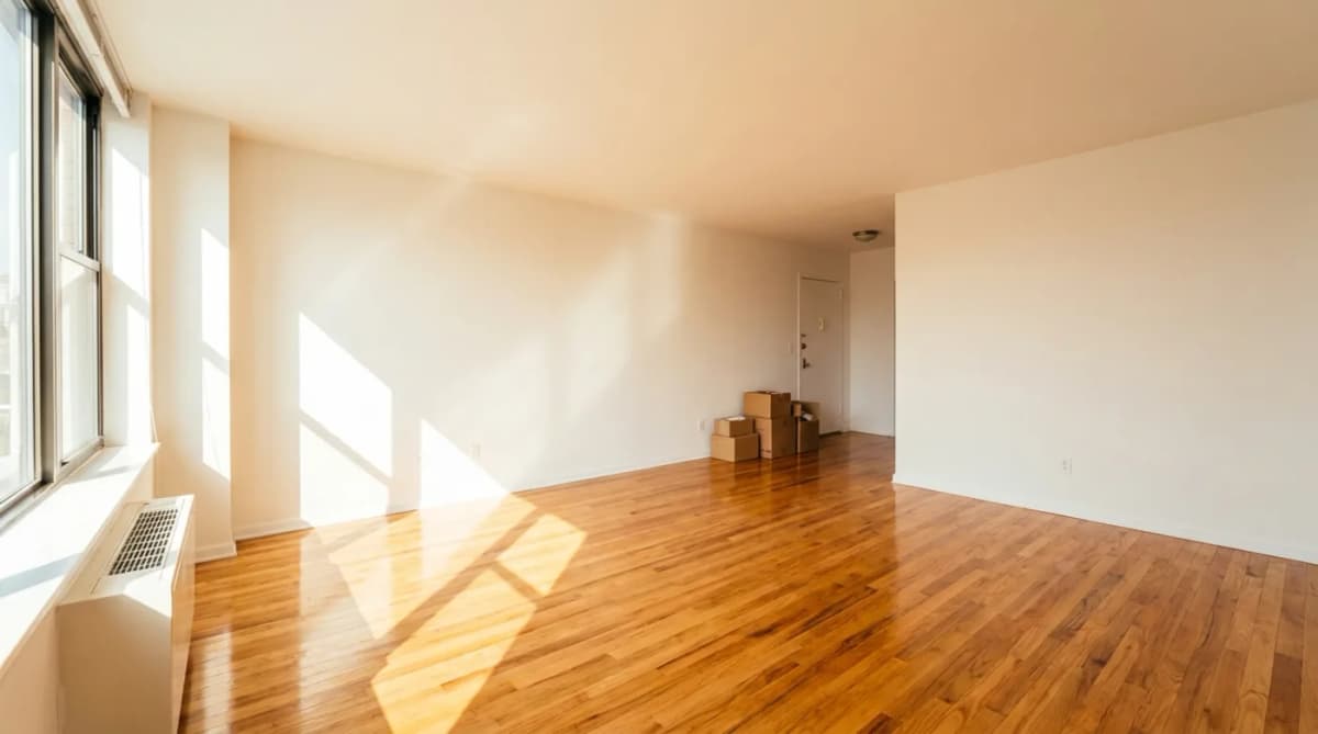 A clean, empty rental living room with bare hardwood floors and unmarked walls on move-in day
