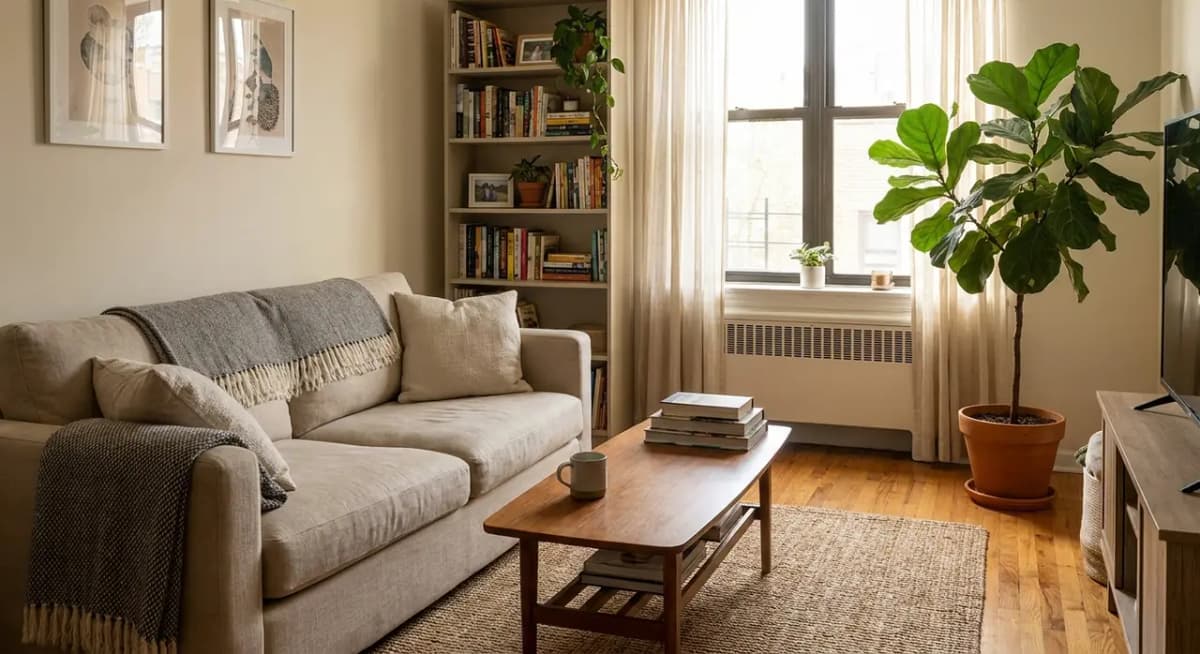 A tidy, occupied rental apartment living room during a routine periodic inspection