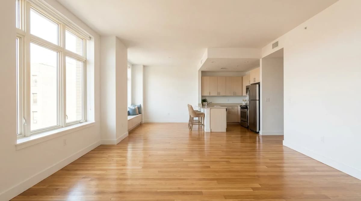 A bright, empty rental apartment with hardwood floors and a kitchen, ready to be documented at move-in