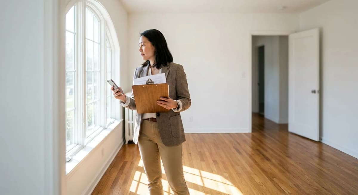 A property manager documenting the condition of a clean, empty, sunlit rental apartment living room at move-in handover, clipboard in hand