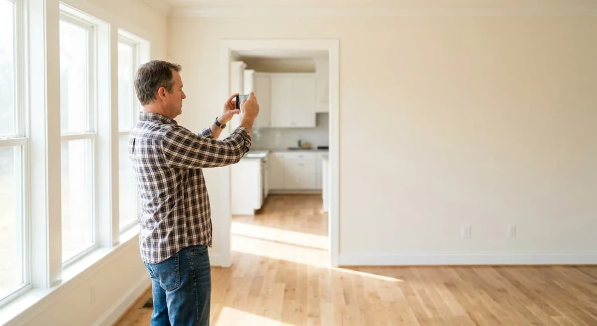 A landlord photographing the wall of an empty rental apartment with a phone during a move-in walkthrough