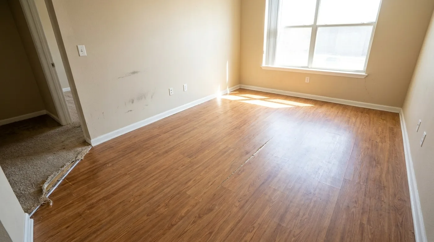 Move-out documentation only means something when it can be compared to move-in An empty rental room at move-out showing a scuffed wall, a worn carpet edge, and marks on the floor