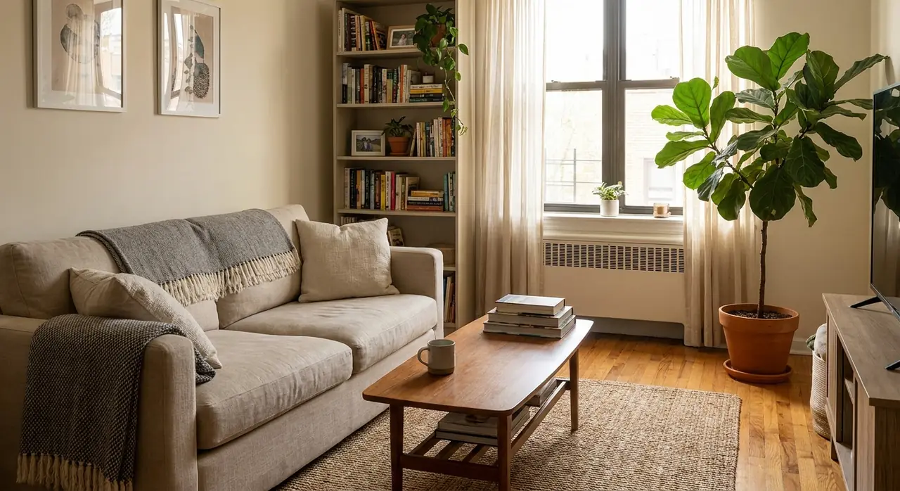 A periodic inspection happens mid-tenancy, while the unit is lived in A tidy, occupied rental apartment living room during a routine periodic inspection
